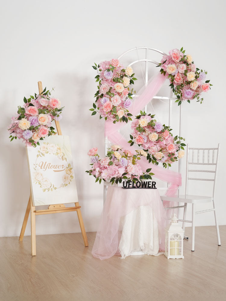 Uflower Artificial Pink Purple Rose Green Leaf Flower Row Wedding KT Backdrop Decor